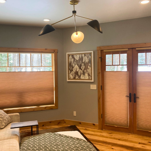 brown shades in living room, green walls, area rug